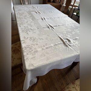 Vintage Tablecloth HOLIDAY Ivory Tablecloth FORMAL Floral ROSE 62x82